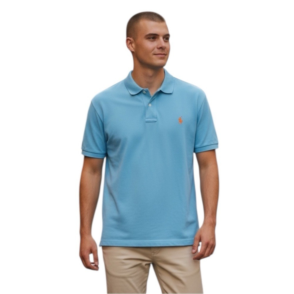 POLO by Ralph Lauren Men's Classic Fit, Light Blue, Orange Pony Logo, Size Large